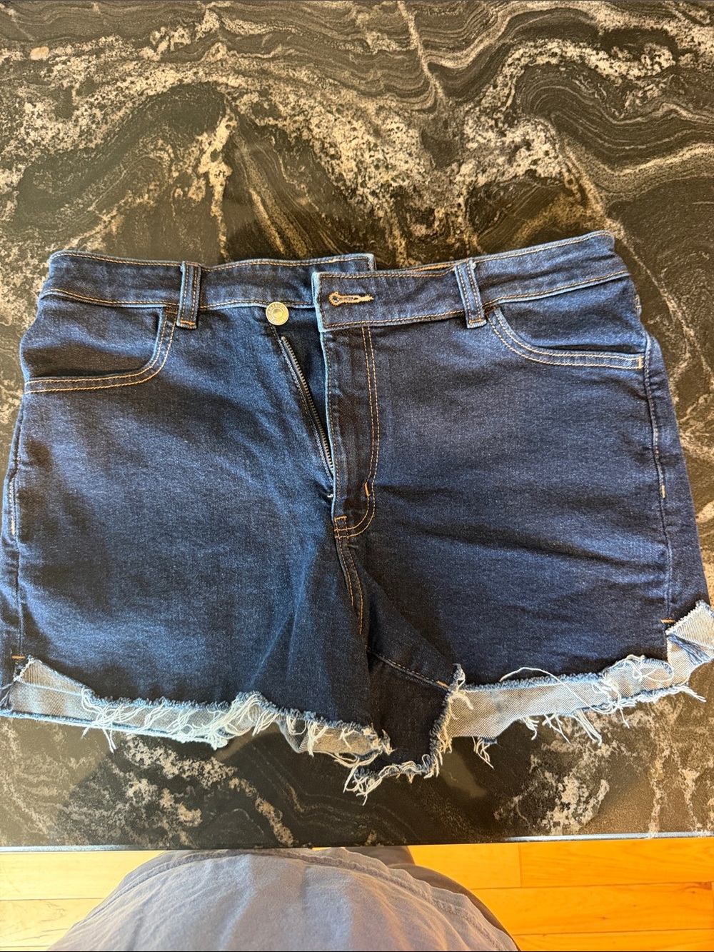 American Eagle Outfitters Dark Blue Frayed Hem Denim Shorts